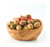 A wooden bowl containing 200 grams of spicy Provençal mix of olives from Barral. The olives are varying shades of green and brown and sit alongside pickled peppers.