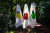 Three towels from Reine Mère hanging on a clothing line. The towels have an image of a lemon, tomato, and green apple.