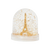 A snow globe from Les Parisettes containing a miniaturized golden Eiffel Tower.