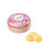 A round, pink, "Tréson" tin covered in drawings of flowers, containing 175 grams of La Sablésienne butter cookies with apricot chips. Besides it are several butter cookies in a stack.