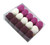 A clear box containing 52 grams of Ercus mini heart sugar pieces in pink, white, and purple.