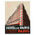 A rectangular tan sticker in art deco style prominently featuring a hotel, angled such that you can see its face from two intersecting streets. Underneath the building is the phrase "Hotel de Paris" followed by an address: "8 Boulevard de la Madeleine, Paris."