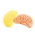 A pair of Kubli candies shaped like a lemon and orange wedge, respectively.