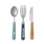 A child's cutlery set (fork, lightly serrated knife, and spoon) with illustrations from the Little Prince book.