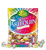 A 100 gram bag of Lutti Arlequin candy pieces, small hard white candy with green and yellow striping.