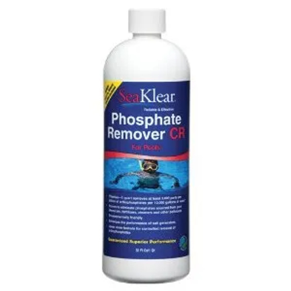 A 1 Quart bottle of SeaKlear Phosphate Remover with a prominent label displaying the product name and key information