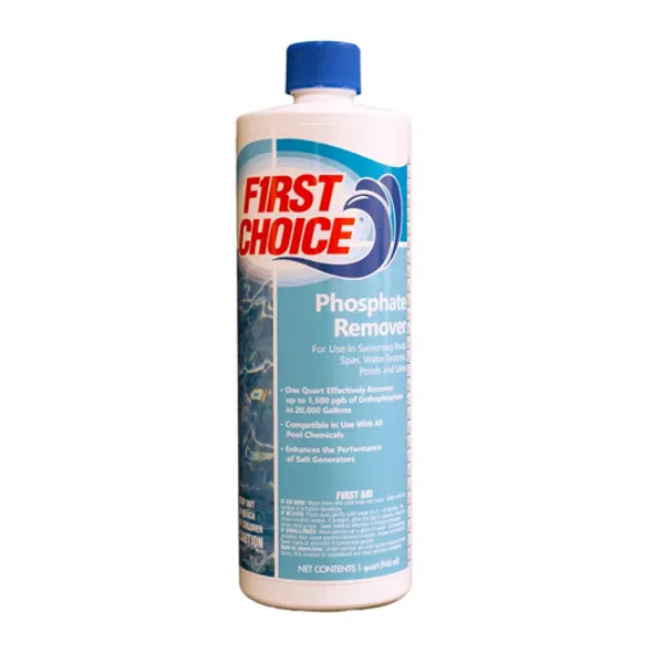 A 1 Quart bottle of First Choice Phosphate Remover, featuring an eye-catching label with the product name and essential information