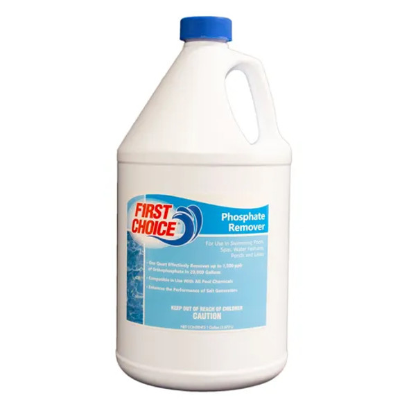 A 1 Gallon bottle of First Choice Phosphate Remover, featuring a captivating label with the product name and essential information
