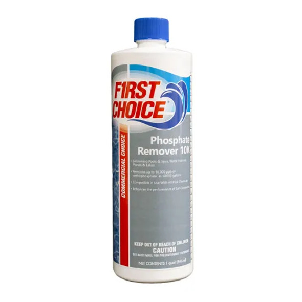 A 1 Quart bottle of First Choice Phosphate Remover 10K, featuring an eye-catching label with the product name and essential details