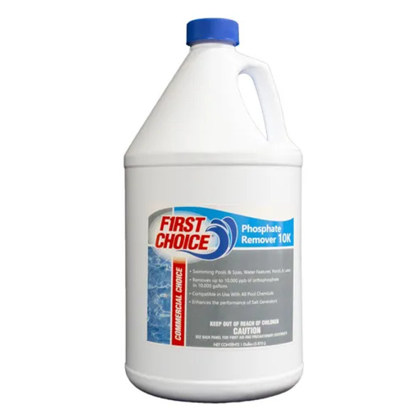 A striking 1 Gallon bottle of First Choice Phosphate Remover 10K, featuring a captivating design highlighting the product's name and essential details