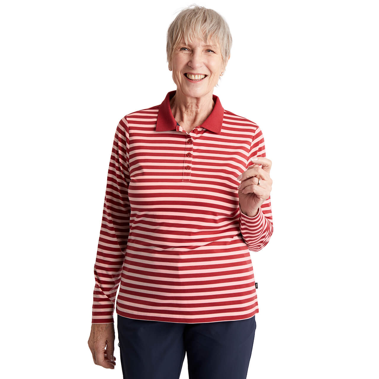 Women's Shoreline Long Sleeve Stripe Polo Ecru/Carissa Red
