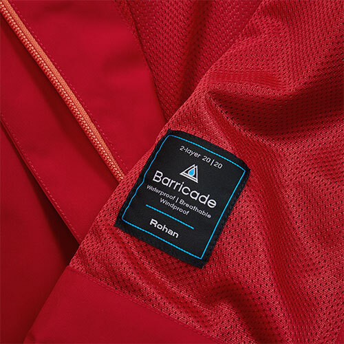 Red Waterproof Jacket Fabric Detail with 2-Layer construction Label