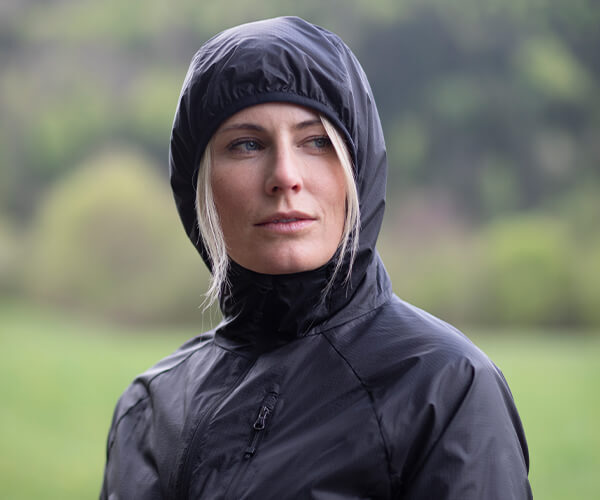 Bora Jacket on a Woman shown with hood secure around face