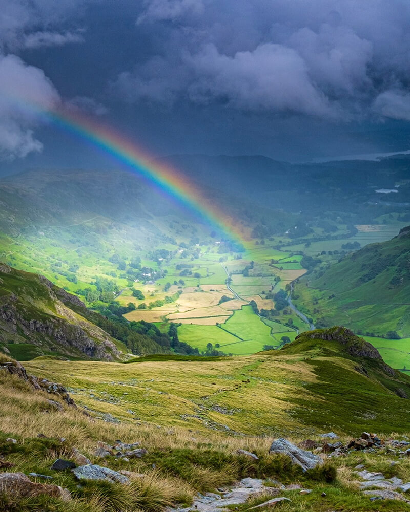 Hilly Landscape with Moody Sky and Rainbow in Great Langdale