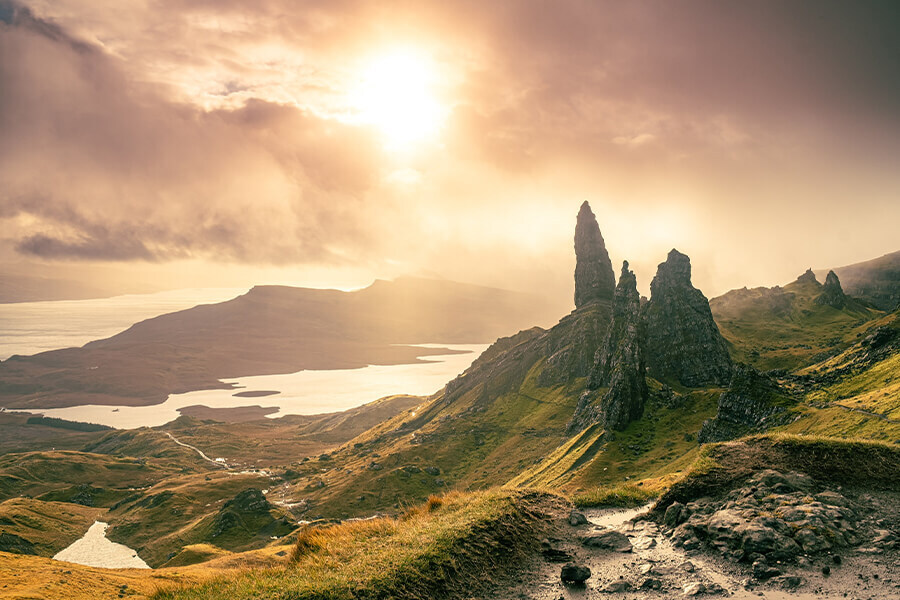 Rugged Rocks and Mountains Beside Lakes in the Isle of Skye