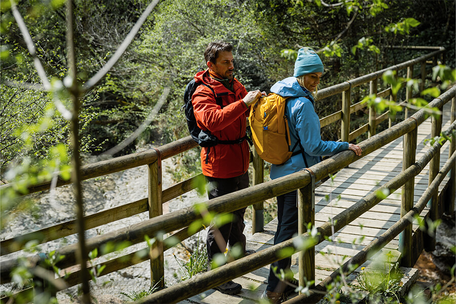 Man and Woman Wearing Backpacks on a Hike Through Woodland