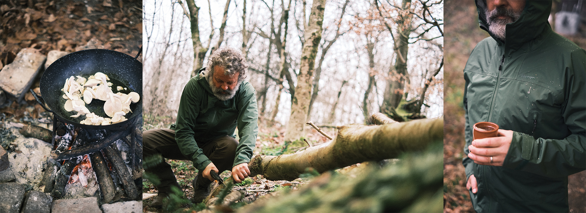 Image trio of Iain Hickinbottom foraging mushrooms in woodland