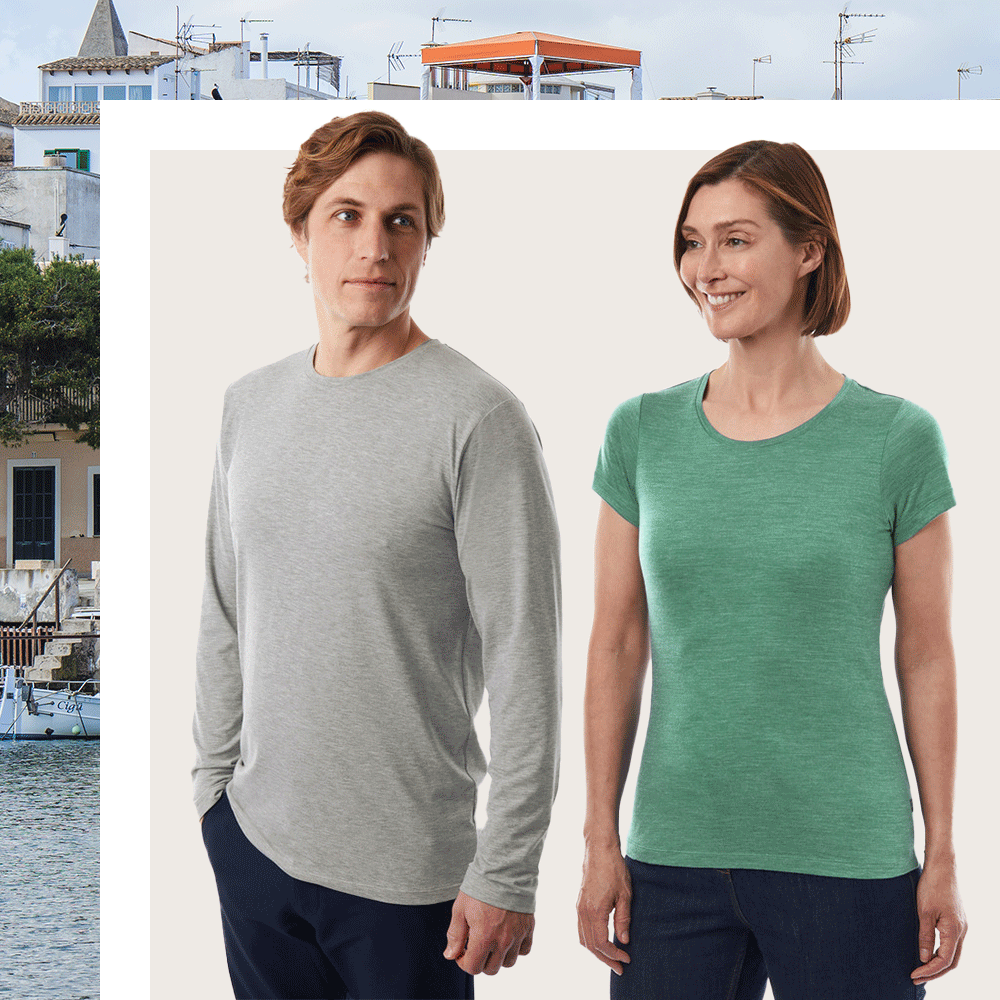 Rohan City Travel Clothing Base Layers; man wearing Basis Long Sleeve T and woman wearing Merin Cool Short Sleeve T