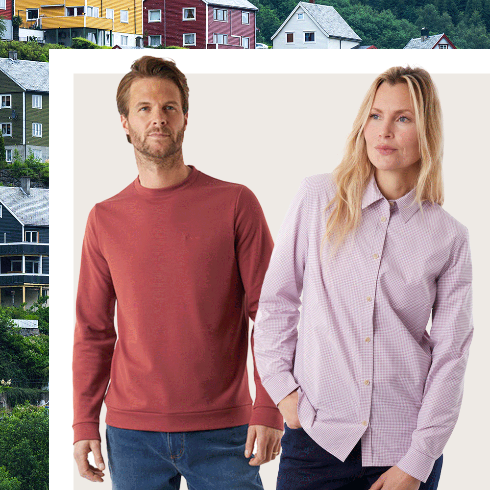 Rohan City Travel Clothing Mid Layers; man wearing Radiant Merino Crew and woman wearing Eave long sleeve shirt