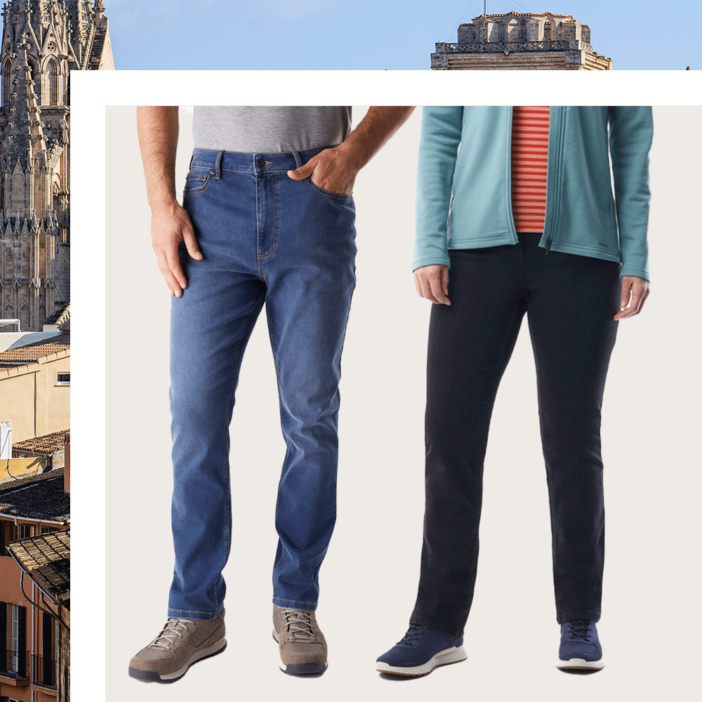Rohan City Travel Clothing Trousers; man wearing Flex Tapered Fit Jeans and woman wearing Advance Jeans
