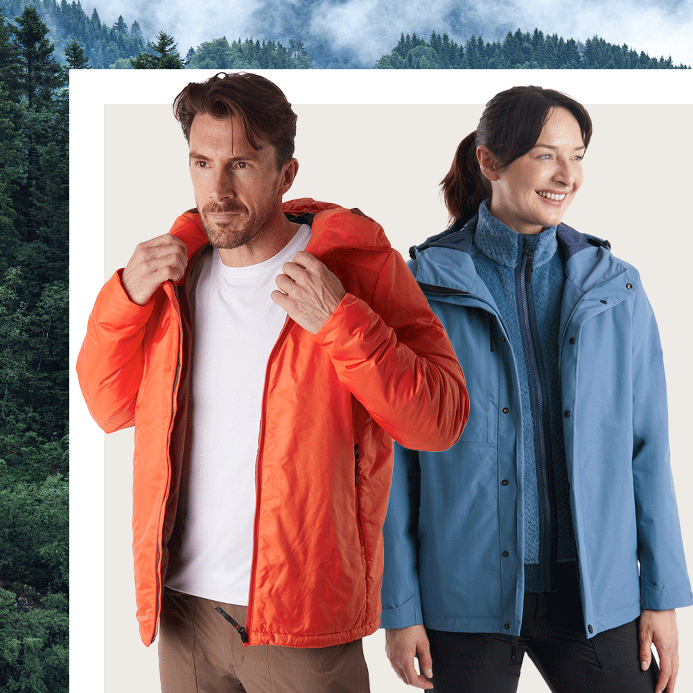 Rohan Walking Clothing Outer Layers; man wearing Helios Jacket and woman wearing Brecon Waterproof Jacket