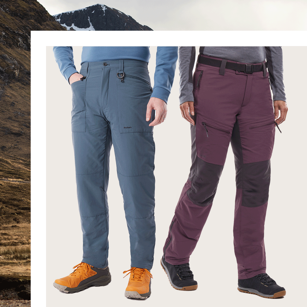 Rohan Walking Clothing Trousers; man wearing Winter Stretch Bags and woman wearing Fjell Trousers