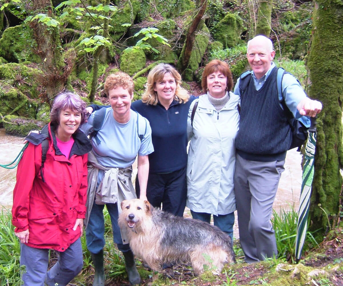Liz, walking group and a dog in Cornwall, Treffry Viaduct.