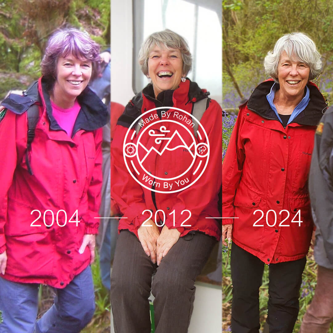 Liz wearing the same Rohan Jacket in 2004, 2012 and 2024.