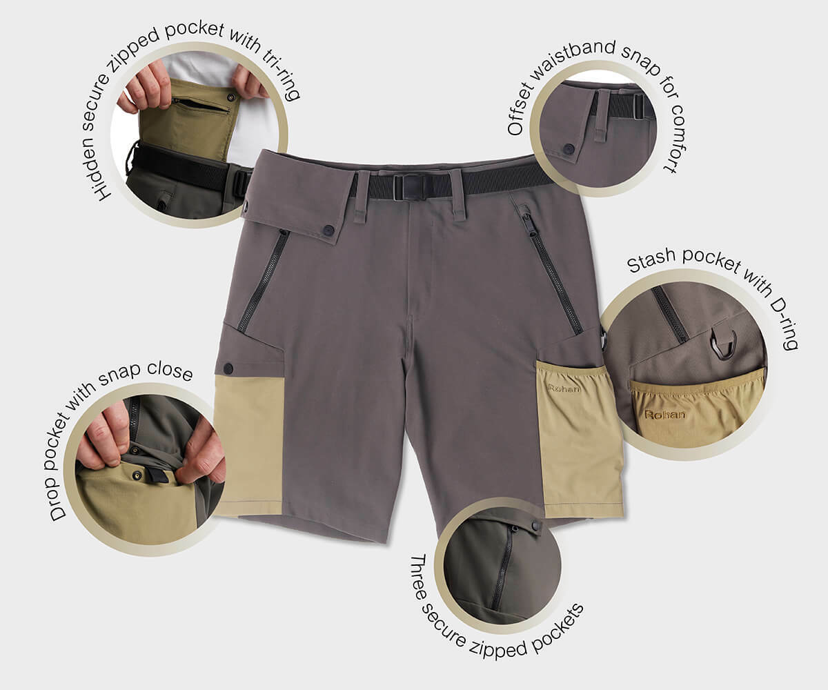 Men's Explore Cargo Shorts  with diagrams showing technical features