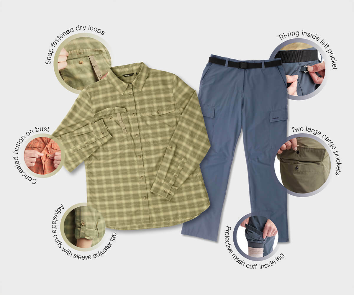 Women's Savannah Expedition Shirt and Trousers with diagrams showing technical features