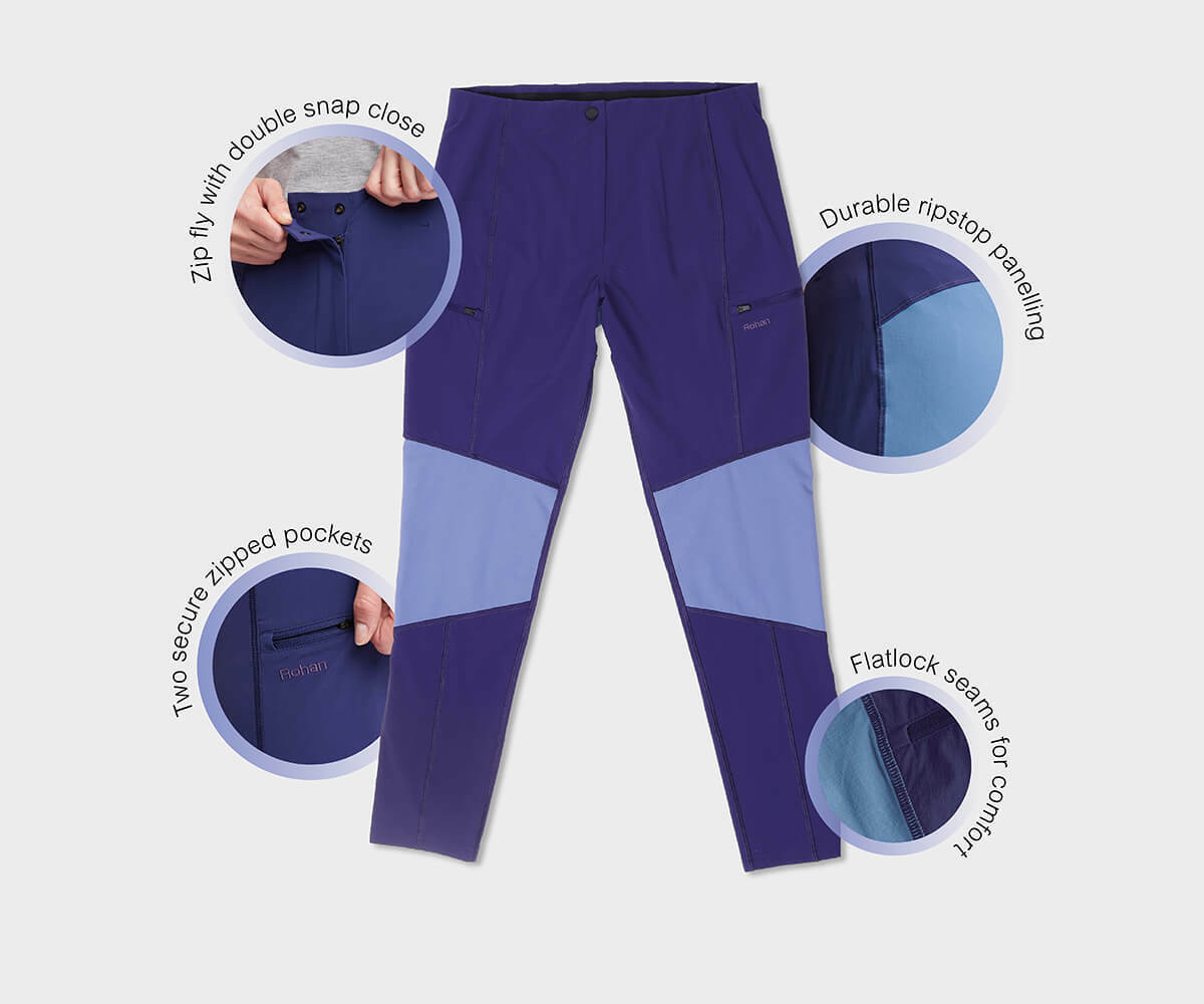 Women's Vela Walking Trousers  with diagrams showing technical features