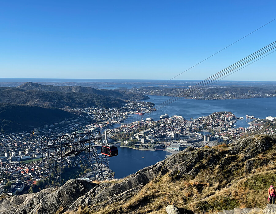 View from Mount Ulriken ascent showing vview across Bergen and fjords, with cable car