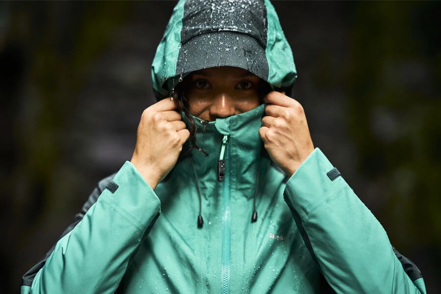 Close up of Rohan Waterproof Jacket with water beading