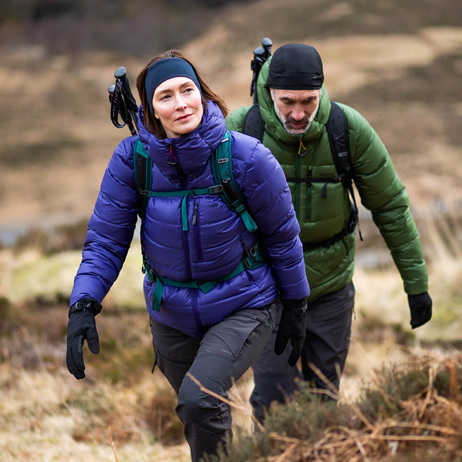 Man and Woman wearing Winter Walking Kit, including Insulated Jackets, Walking Trousers, Hats and Gloves.