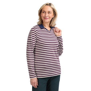 Women's Strand Long Sleeve Polo Top Purple Stripe