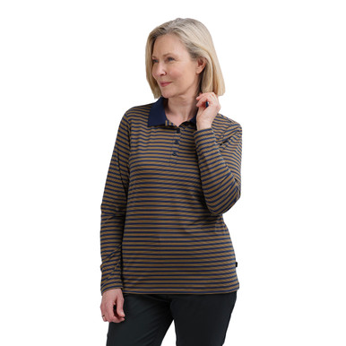 Women's Shoreline Long Sleeve Polo Blue/Gold Stripe
