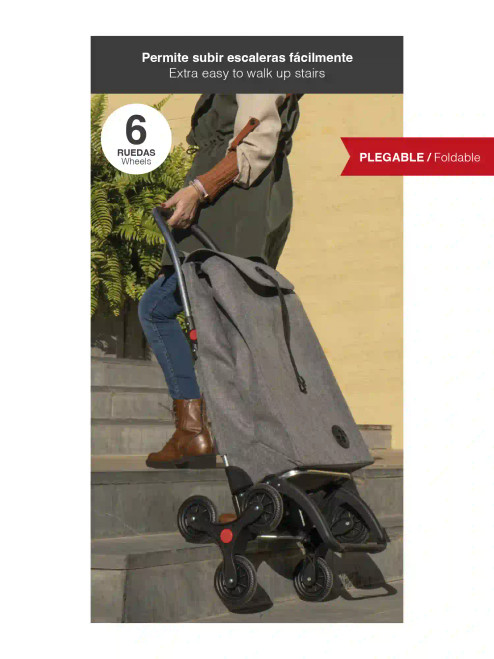 Persona transportando compra con carro Rolser de 6 ruedas para subir escaleras