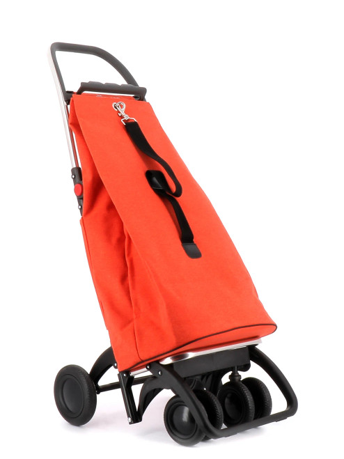 Vista lateral del carro Rolser plegable color mandarina con sistema de 4 ruedas