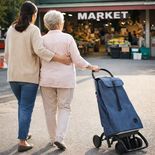 Persona utilizando carro de compra Rolser denim en la entrada de un mercado