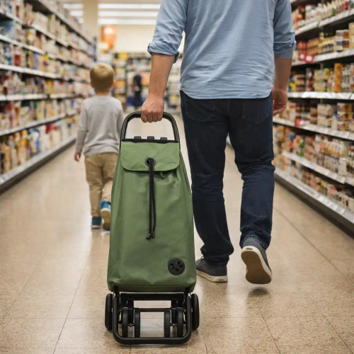 Padre e hijo en el pasillo de un supermercado utilizando carro de compra Rolser color kaki