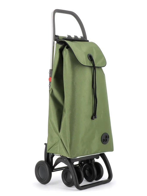Carro Rolser color kaki con bolsa tipo mochila y cierre con cordón, vista en perspectiva
