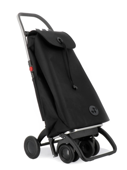 Carro de compra Rolser negro con chasis de aluminio y sistema de 4 ruedas, vista en perspectiva