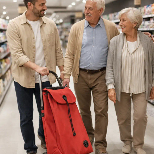 Carro de compra Rolser I-MAX MF rojo con chasis de aluminio usado en supermercado