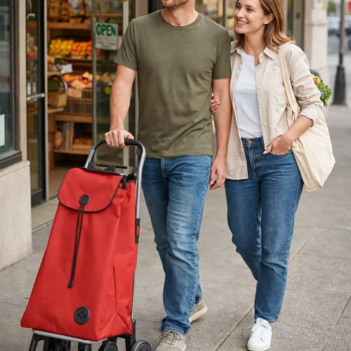 Carro de compra Rolser I-MAX MF rojo con sistema de 4 ruedas caminando por la calle