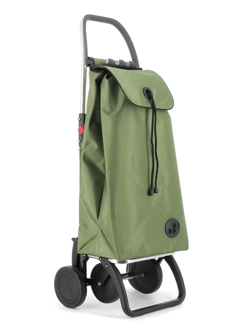 Vista lateral del carro de compra Rolser I-MAX MF verde con sistema de 4 ruedas