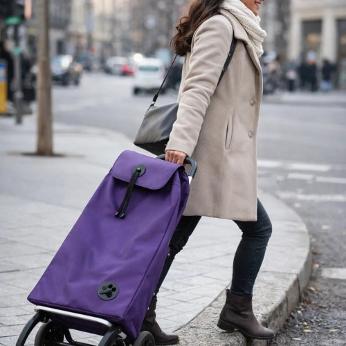 Mujer utilizando carro de compra Rolser con bolsa color morado en una calle de ciudad