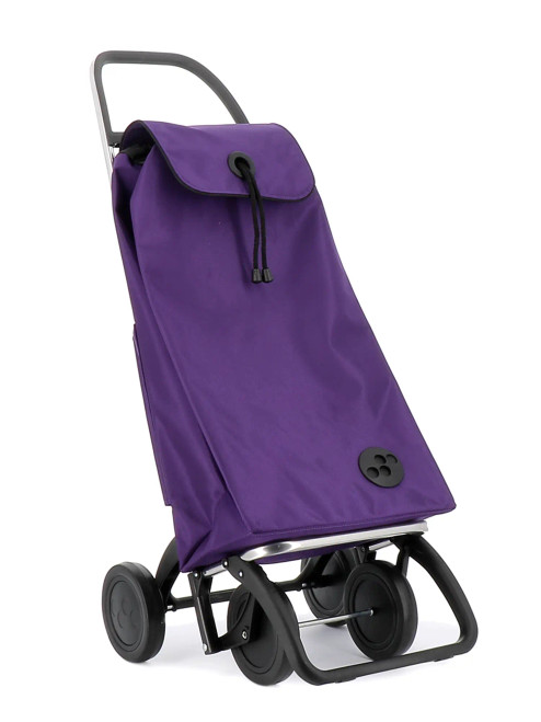 Carro de compra Rolser con bolsa morada en posición inclinada mostrando el sistema de ruedas