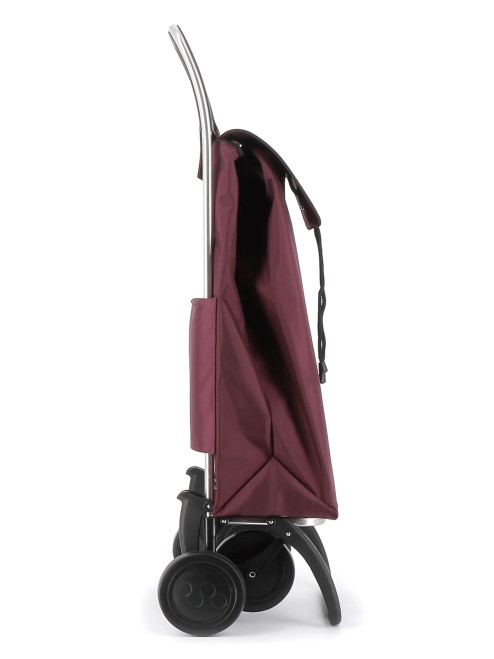 Vista lateral del carro de compra Rolser con bolsa burdeos y chasis de aluminio