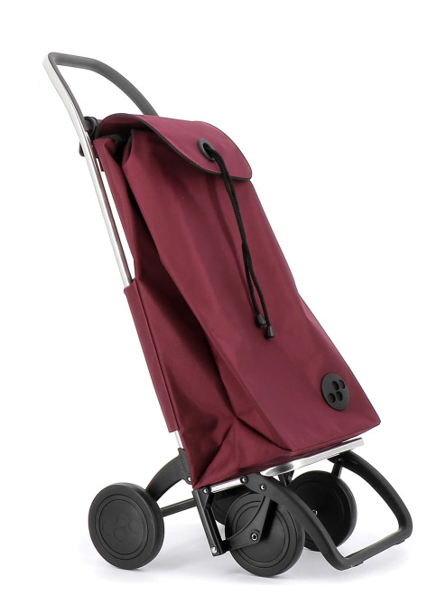 Carro de compra Rolser con bolsa burdeos en posición inclinada mostrando el sistema de 4 ruedas