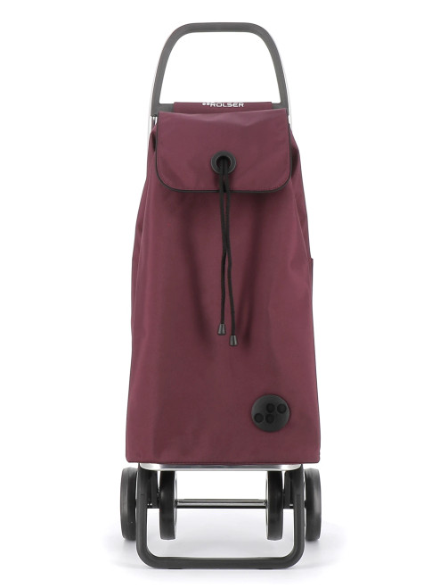 Carro de compra Rolser con bolsa color burdeos y cierre con cordón, vista frontal